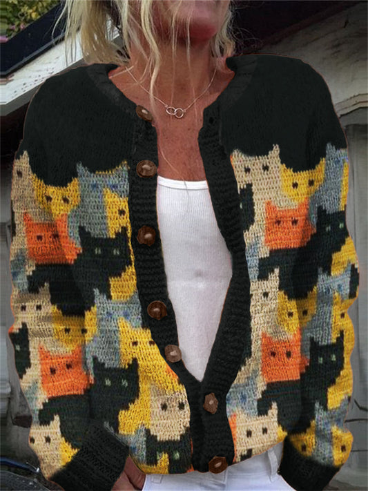 Colorful Crowded Cats Knit Art Cozy Cardigan elevenforest