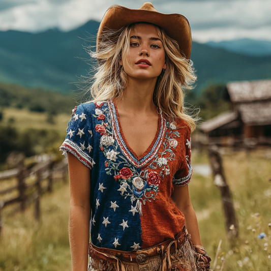 Women's Vintage American Western Country Style Floral Embroidered Linen Blend V-neck T-shirt artswardrobe