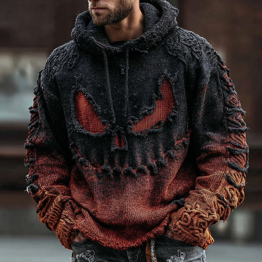 Men's Halloween Spooky Face Gradient Inspired Knitted Distressed Hooded Sweater elevenforest