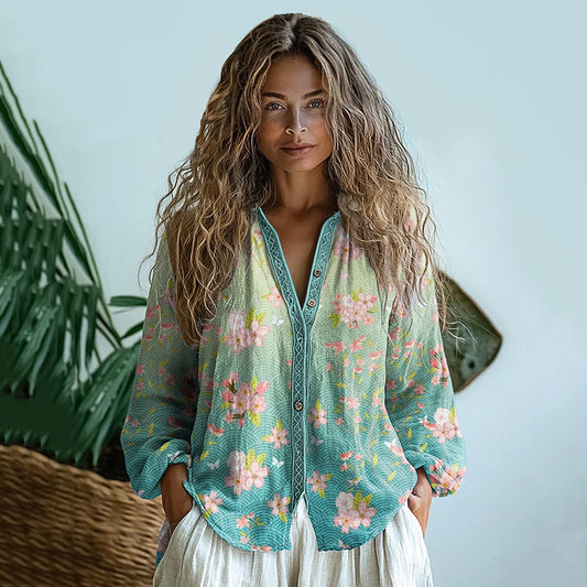 Bohemian Style Linen Sakura Blossom Waves Art Print Long Sleeve Shirt artswardrobe