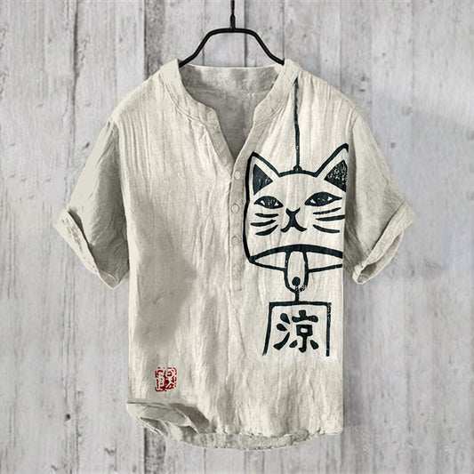 Vintage Cat Wind Chime Japanese Art Linen Blend Casual Shirt elevenforest