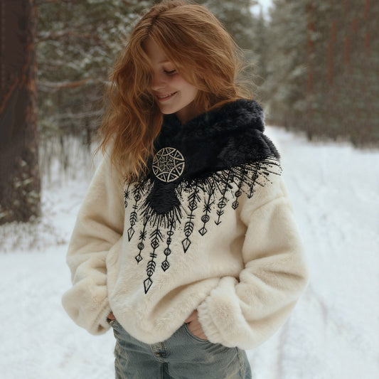 Comstylish Women's Vintage Viking Eagle Art Knit Cozy Flannel Hoodie
