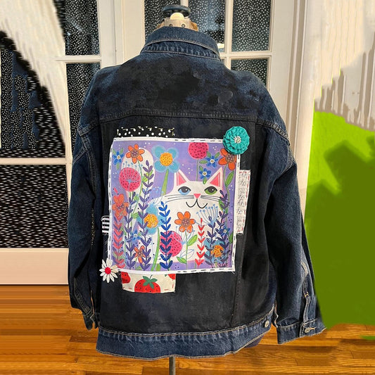 Women's Pop Art Cat Oil Painting Pattern Denim Jacket elevenforest
