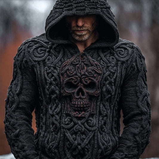 Men's Viking Skull Celtic Jacquard Chunky Hooded Sweater elevenforest