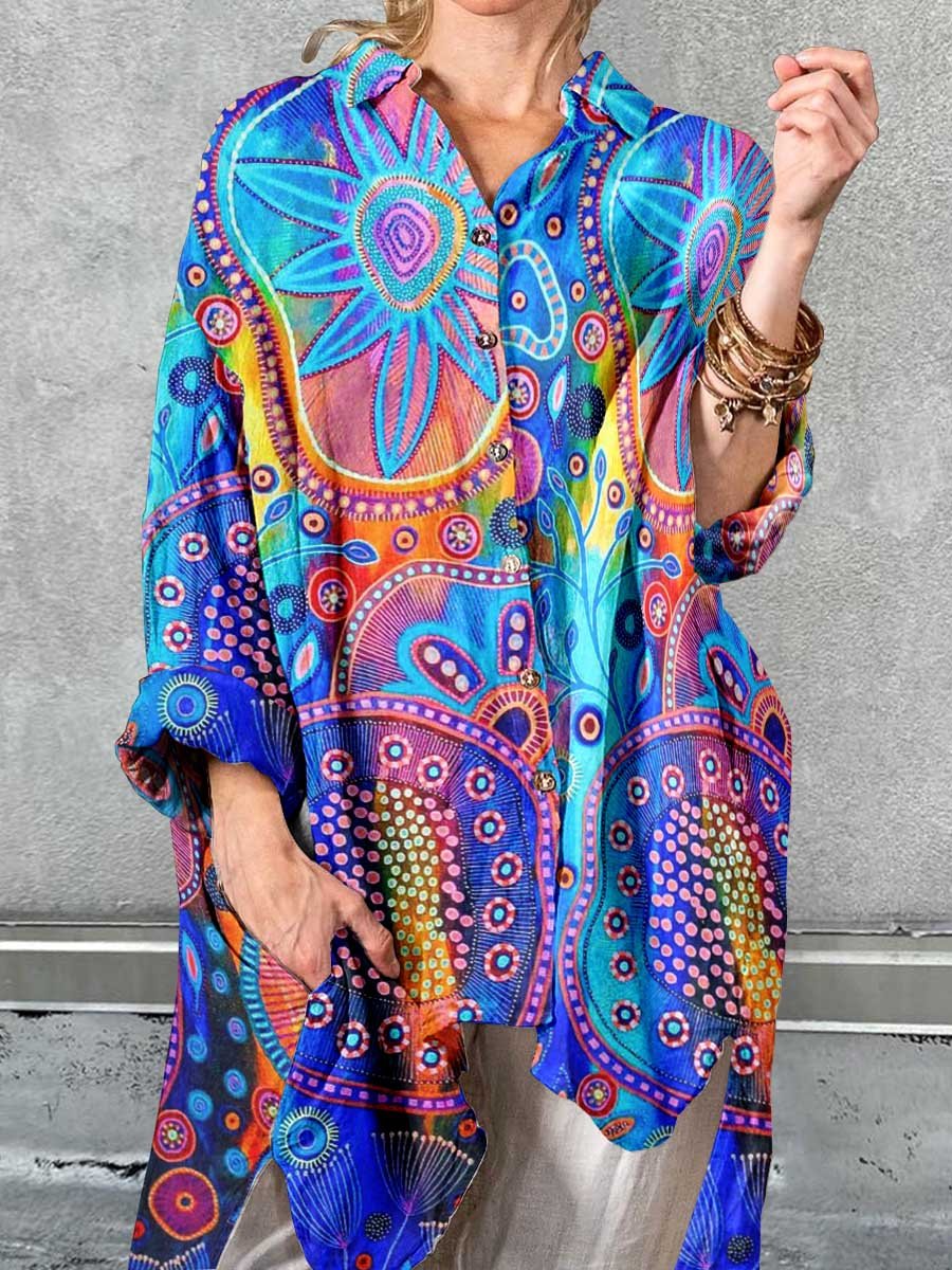 Women's Arty Bohemian Geometric Print Cotton and Linen Shirt