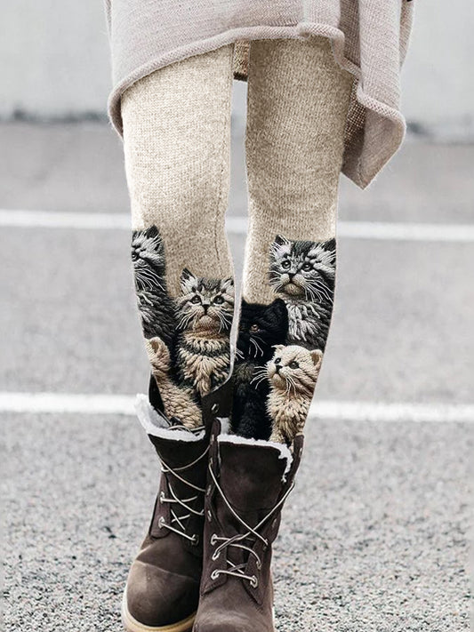 Comstylish Fuzzy Cats Crochet Art Cozy Knit Leggings