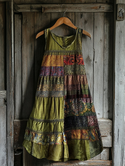 Comstylish Women's Vintage Bohemian Floral Patch Sleeveless Dress