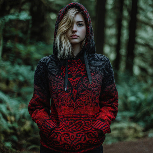 Women's Vintage Viking Tribal Celtic Skull Gradient Art Chunky Knit Hooded Sweater elevenforest