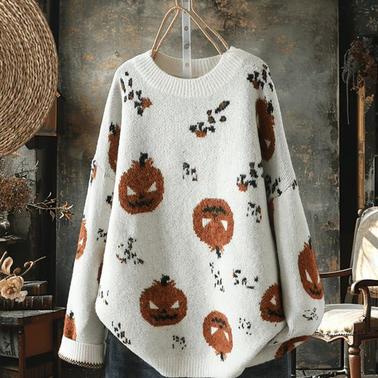 Pumpkin Halloween Print Casual Knitted Pullover Sweater artswardrobe
