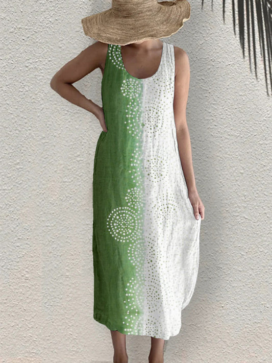 Comstylish Japanese Kimono Pattern Inspired Linen Blend Tank Dress