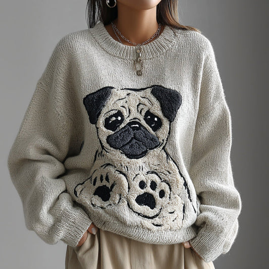 Lovely Cute Pug Embroidery Art Loose Cozy Knit Sweater elevenforest