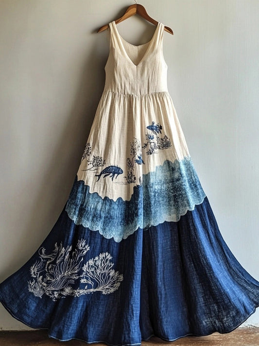 Vintage Ocean Inspired V Neck Flowy Linen Dress artswardrobe