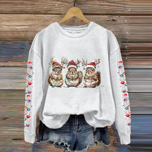 Comstylish Women's Christmas Squirrel Print Crew Neck Sweatshirt