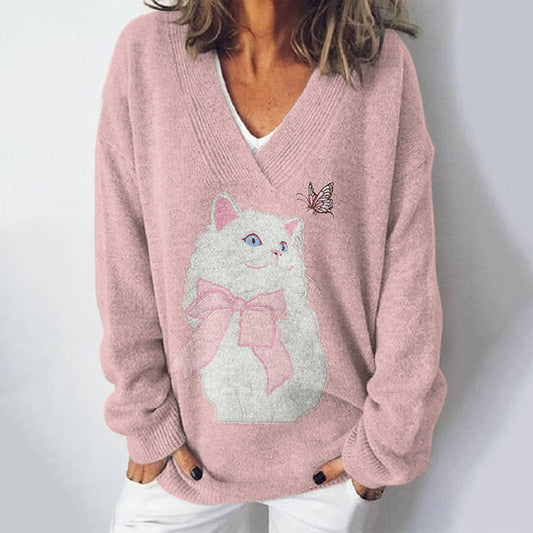 Vintage Butterfly And Cat Knitted V-Neck Sweater elevenforest