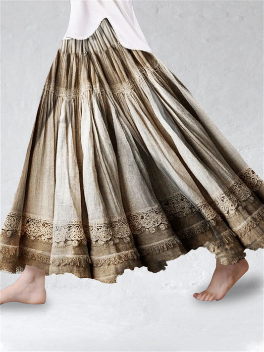 Vintage Boho Lace Linen Blend Flowy Wide Skirt artswardrobe