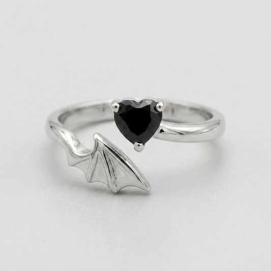 Gothic Bat Wing & Black Heart Crystal Adjustable Open Ring