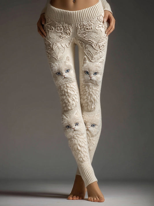 Comstylish Cute Fuzzy Cats Embroidered Cozy Knit Leggings