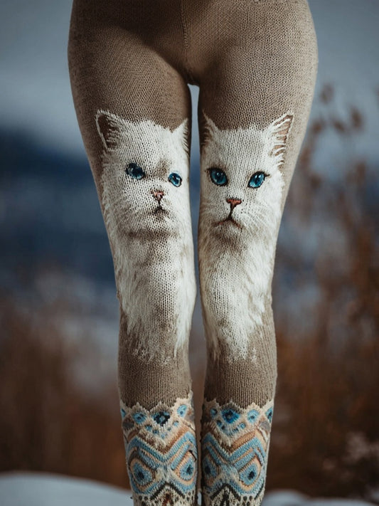 Comstylish Cute Cats Art Pattern Vintage Cozy Knit Leggings
