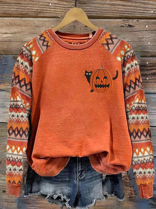 Women's Halloween Black Cat Pumpkin Sweatshirt artswardrobe