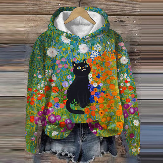 Women‘S Black Cat & Flowers Art Casual Hoodie elevenforest