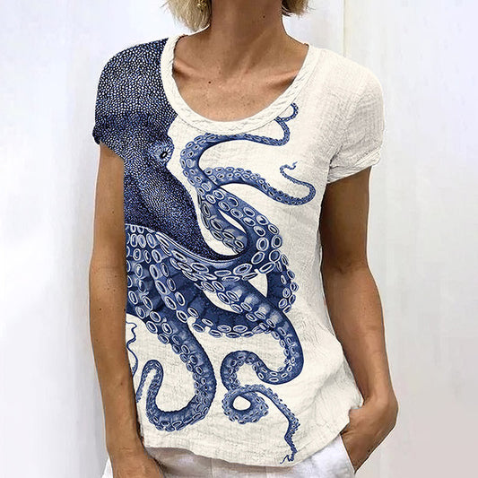 Comstylish Japanese Art Octopus Print Short Sleeve T-Shirt