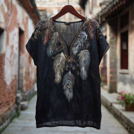 Western-style Feather Gem Element Tie-dye Vintage V-neck Linen Thin Short-sleeved Shirt artswardrobe