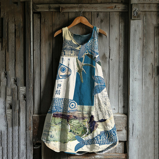 Vintage Japanese Fish Patchwork Art Linen Tank Dress artswardrobe