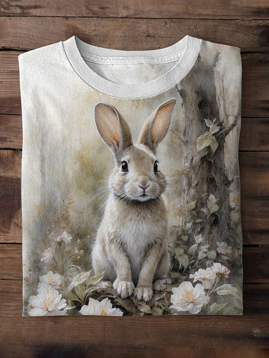 Cute Bunny Watercolor Painting Printed Casual Short Sleeve T-Shirt artswardrobe