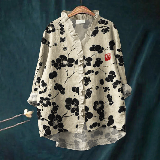 Comstylish Cherry Blossom Japanese Lino Art Ruffle Trim Linen Blouse