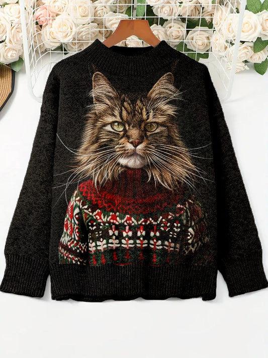 Christmas Cat Pattern Cozy Knit Sweater elevenforest