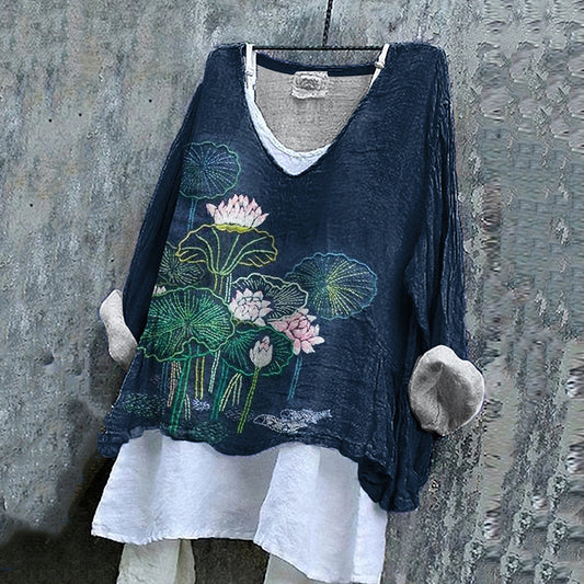 Comstylish Women's Lotus Embroidery Art Linen V-neck Shirt