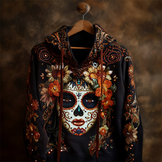 Comstylish Day Of The Dead Sugar Skull Woman Floral Glitter Hoodie