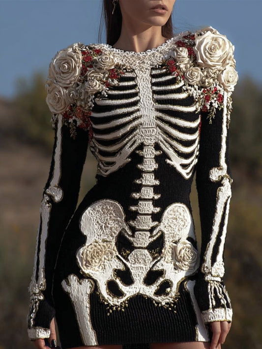 Comstylish Vintage Halloween Human Skeleton Rose Round Neck Knitted Skirt