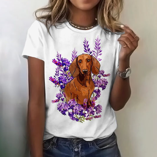 Comstylish Women's Retro Cute Dachshund Art Print Casual T-shirt