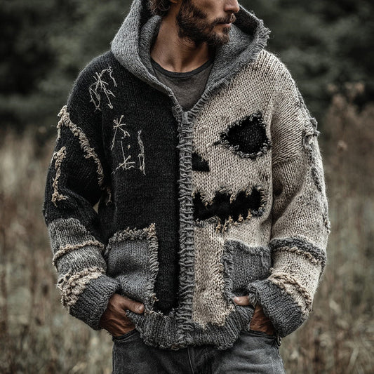 Halloween Spooky Face Contrast Stitched Zipper Hooded Cozy Knit Sweater elevenforest