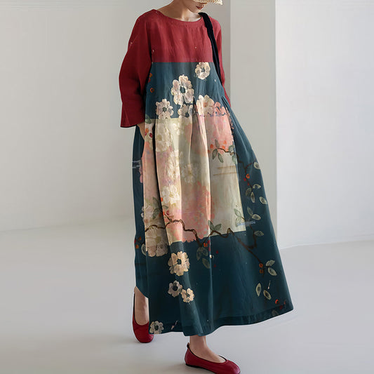 Comstylish Vintage Japanese Art Sakura Print Casual Midi Dress