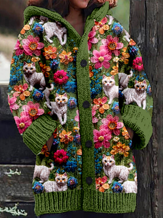 Comstylish Cats And Flowers Embroidered Cozy Hooded Cardigan