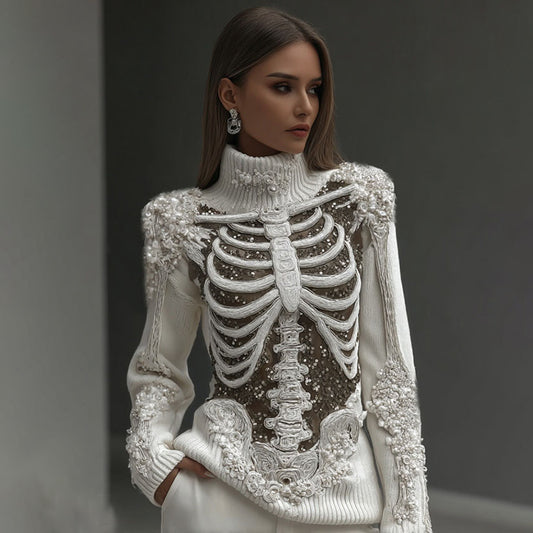 Comstylish Women's Vintage Skeleton Sequins & Glitter Floral Art Cozy High Neck Sweater