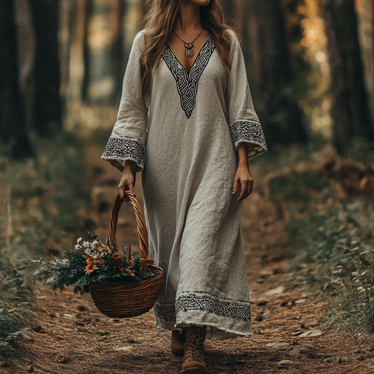 Vintage Viking Celtic Cotton Linen Crew Neck Mixi Dress artswardrobe