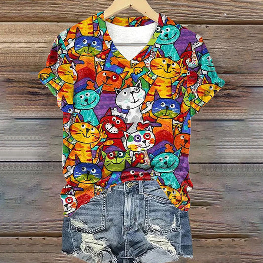 Women's Retro Funny Animal Cat Printed T-shirt elevenforest