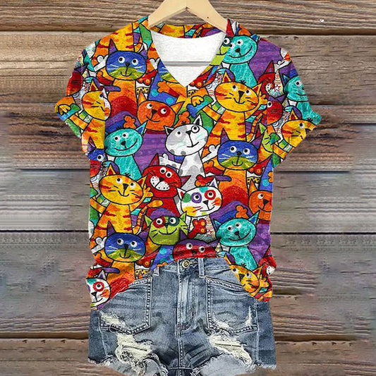 Comstylish Women's Retro Funny Animal Cat Printed T-shirt