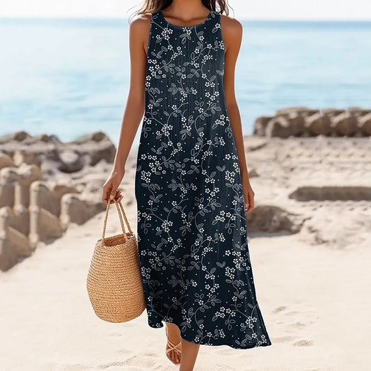 Women's Vintage Floral Print Linen Blend Loose Tank Midi Dress artswardrobe