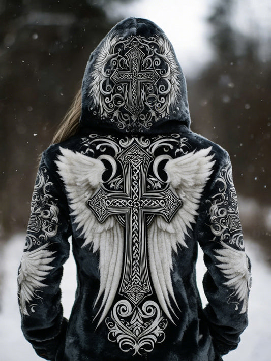 Comstylish Viking Celtic Cross With Wings Art Cozy Plush Hoodie