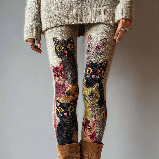 Lovely Colorful Crowded Cats Cozy Knit Leggings elevenforest