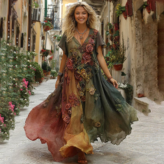 The Sunset Collection Vintage Rose And Floral Gradient Art Linen V Neck Maxi Dress artswardrobe