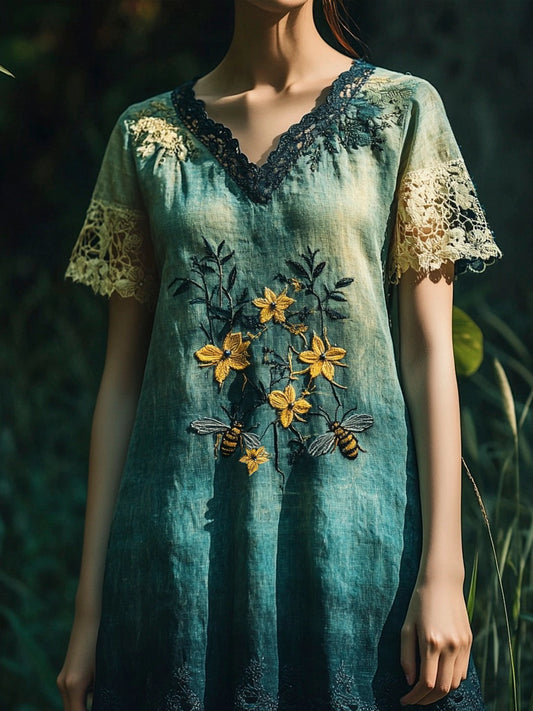 Bee & Flower Embroidery Blue & Green Gradient Lace Vintage Women's Linen Dress artswardrobe