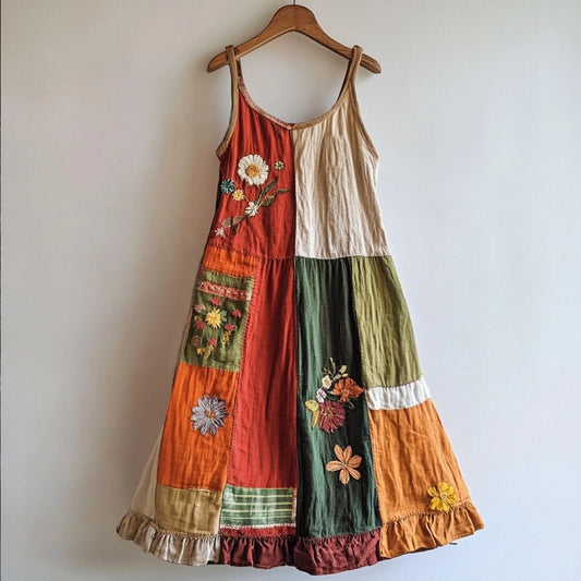 Boho Floral Embroidered Patchwork Linen Blend Dress artswardrobe