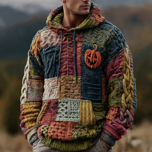 Halloween Pumpkin Face Geometric Patchwork Men's Chunky Knit Hooded Sweater artswardrobe
