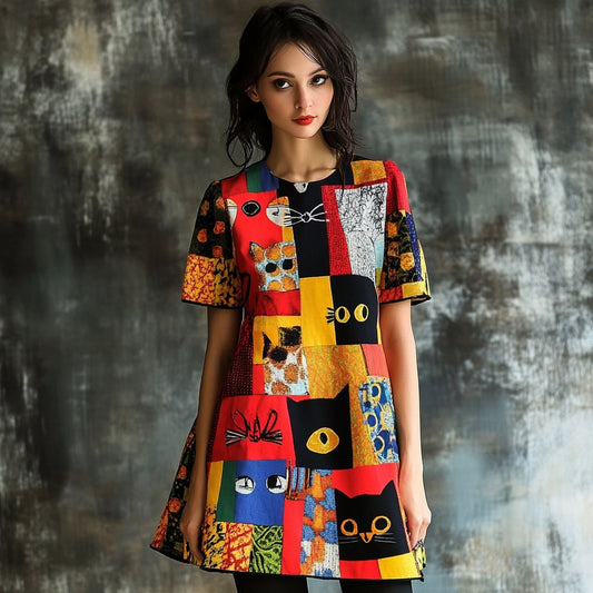 Pop Art Cat Patchwork Pattern Design Dress elevenforest