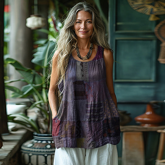 Women's Loose Patchwork Linen Sleeveless Tank Top artswardrobe